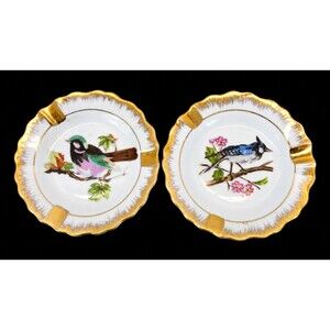 Napco Japan Bird Pair 4" Trinket Dishes 3V3362 Blue Jay Hand Painted Gold Trim